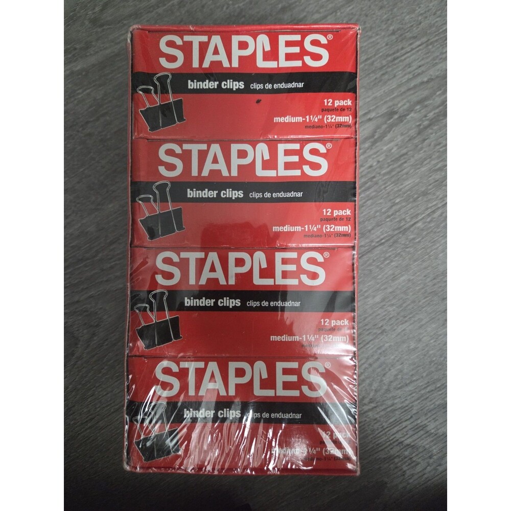 Staples Binder Clips Medium 1-1/4" 32mm 144 Count 12 Packs Black New Sealed